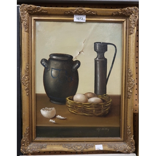 1072 - M HILLIG STILL LIFE WITH EGGS Oil on canvas, signed lower right, 39 x 29cm Together with another sti... 