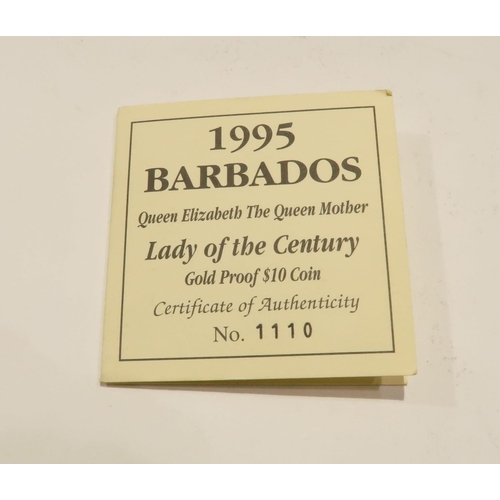 490 - A 1995 Barbados Lady of the Century gold proof coin 7.7 grams with 583.3 certificate in case