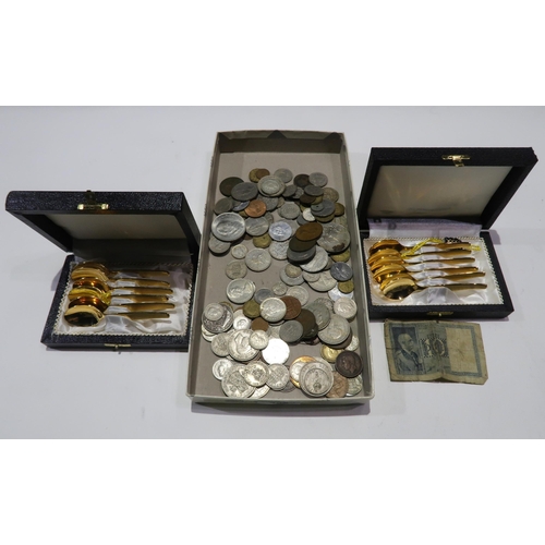 492 - A lot of british coins and two sets of German gilt teaspoons