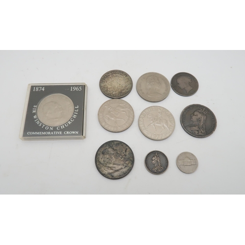 502 - Two United States one dollar coins, a late Victorian Jubilee Crown etc