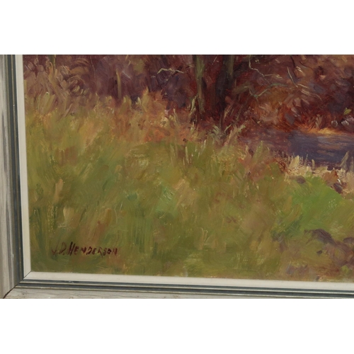 804 - J.D.HENDERSON River landscape, signed, oil on board, 60 x 90cm