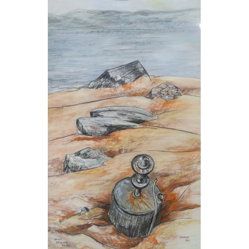 812 - LOUISE GIBSON ANNAND MBE (1915-2012)STILL LIFE ON BEACH, LOCH FYNEConte and pastel, signed lower rig... 