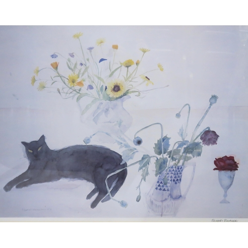 814 - ELIZABETH VIOLET BLACKADDER RA RSA RSW RGI DLitt (SCOTTISH 1931-2021)BLACK CAT WITH FLOWERSPrin... 