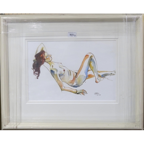 823 - SCOTTISH SCHOOL LAYING FEMALE NUDE Ink and watercolour, signed lower right, dated (03.08),... 