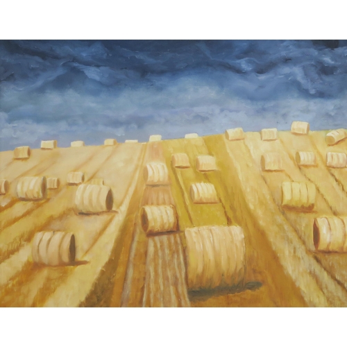 837 - SCOTTISH SCHOOL HAY BARRELS Oil on board, 60 x 75cm