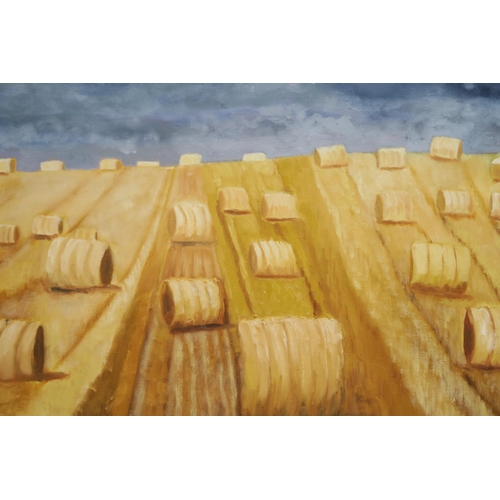 837 - SCOTTISH SCHOOL HAY BARRELS Oil on board, 60 x 75cm