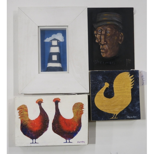 852 - FOUR WORKS COMPRISINGANDREW HUNTER, CHICKENS, Acrylic and gesso applied to wood, 14 x 21cm and anoth... 