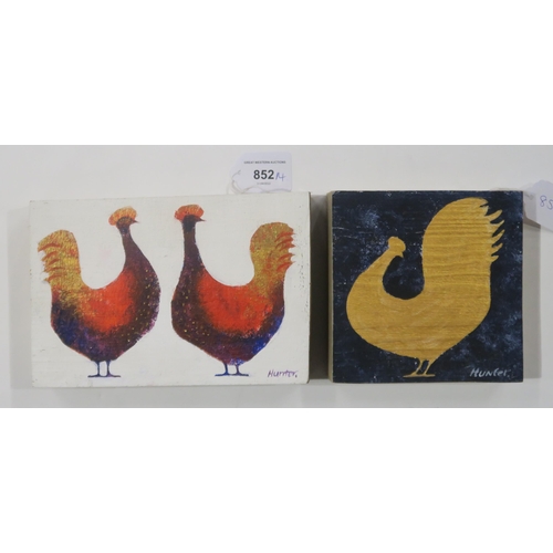 852 - FOUR WORKS COMPRISINGANDREW HUNTER, CHICKENS, Acrylic and gesso applied to wood, 14 x 21cm and anoth... 