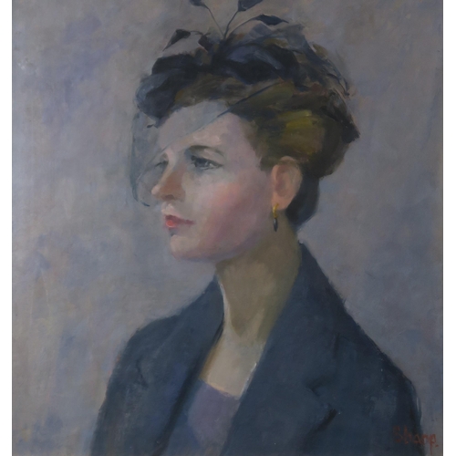 858 - ELIZABETH SHARP (BRITISH) PORTRAIT OF A LADY WITH FASCINATOR Oil on board, signed lower left, 38 x 3... 