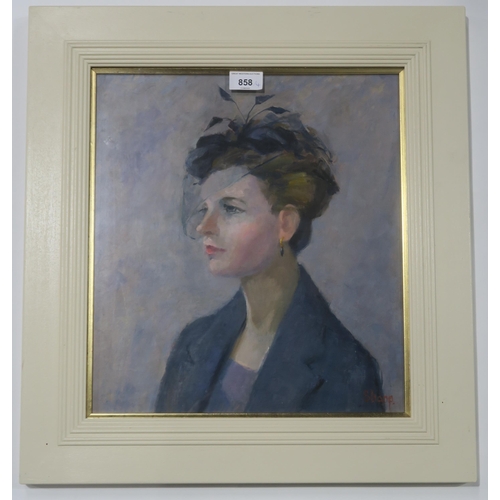 858 - ELIZABETH SHARP (BRITISH) PORTRAIT OF A LADY WITH FASCINATOR Oil on board, signed lower left, 38 x 3... 