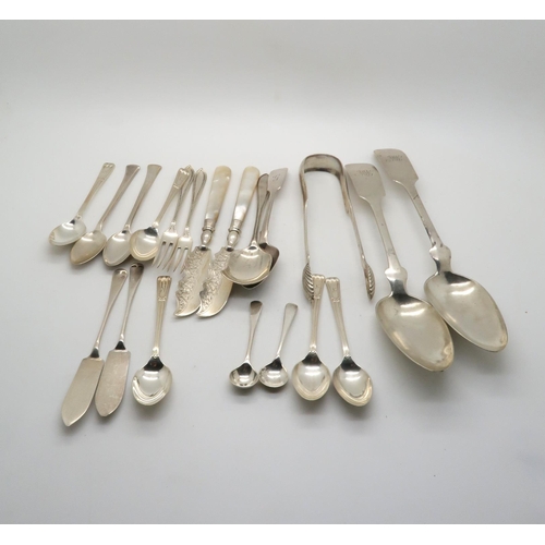 397 - A collection of silver including flatware, sugar tongs by William Marshall, Edinburgh 1827, two tabl... 