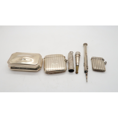 401 - A collection of silver including a silver cigarette holder, the body with chased floral decoration, ... 