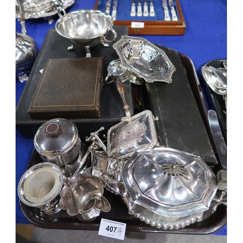 407 - A large collecting of EPNS including flatware, teapots, cased cutlery, sugar bowls etc