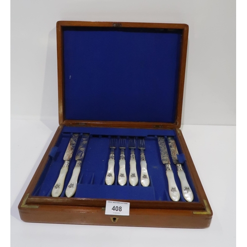 408 - A cased canteen of mixed cutlery, including Victorian silver bladed and mother of pearl handled kniv... 