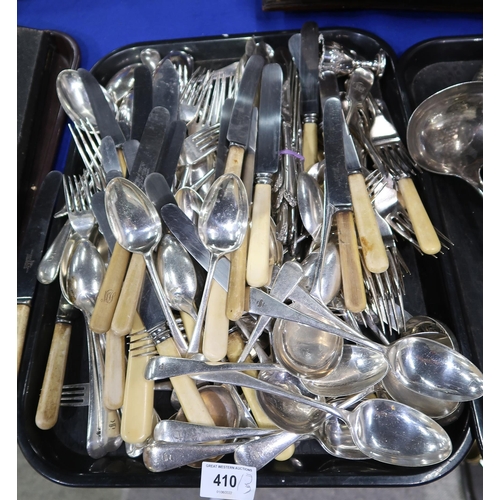 410 - A collection of EPNS including whale bone handled cutlery,  ladles, candelabra, spoons etc