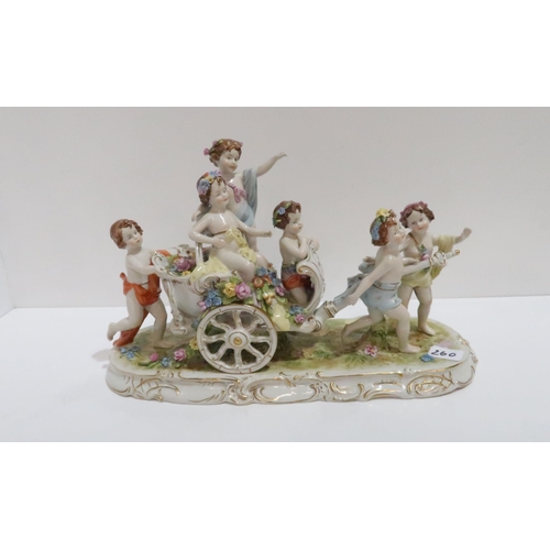 260 - A continental group of putti pulling a carriage covered in swags of flowers and another group of Dre... 