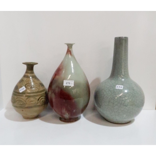 270 - A Chinese sang de boeuf/celadon glaze vase, a crackle ware vase, an imari bowl and a brown glazed va... 