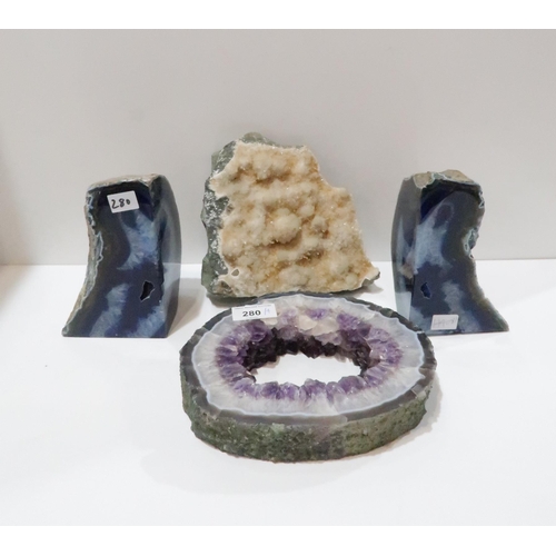 280 - An amethyst geode cross-section piece and other geodes