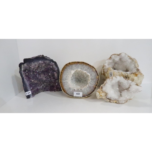 289 - An amethyst geode, large agate geode, and another  