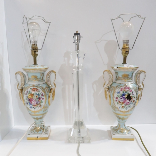 315 - A pair of Limoges swan handled table lamps and a further glass lamp (shades available)