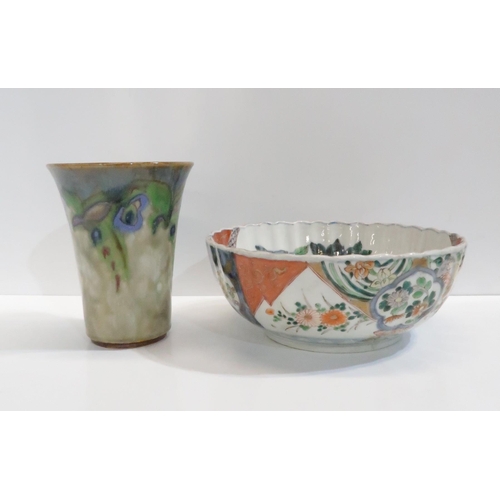 323 - A Royal Doulton drop glaze vase and a Imari pattern bowl