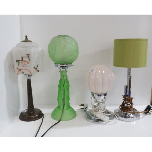 326 - An Art Deco green glass table lamp, and three other lamps