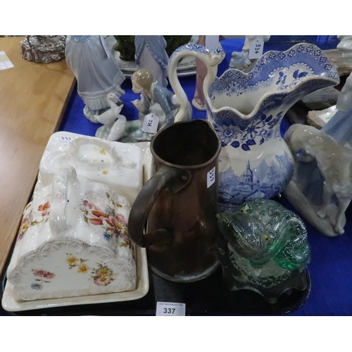 337 - An art glass model of a frog, a copper jug, two cheese dishes, a blue and white Tyrolese pattern jug... 