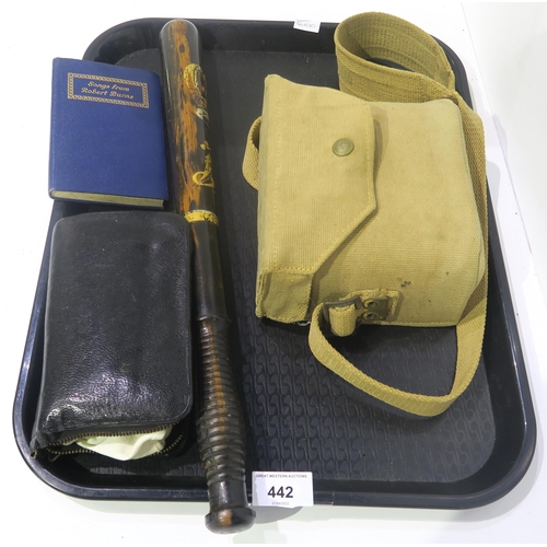 442 - A tray lot comprising a pair of Taylor and Hobson binoculars, police truncheon etc