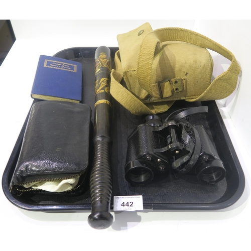 442 - A tray lot comprising a pair of Taylor and Hobson binoculars, police truncheon etc