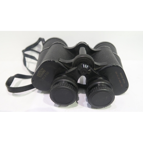 444 - A pair of Bar & Stroud WW2 binoculars together with a pair of Prinz 10 x 50 and a pair of Royale... 