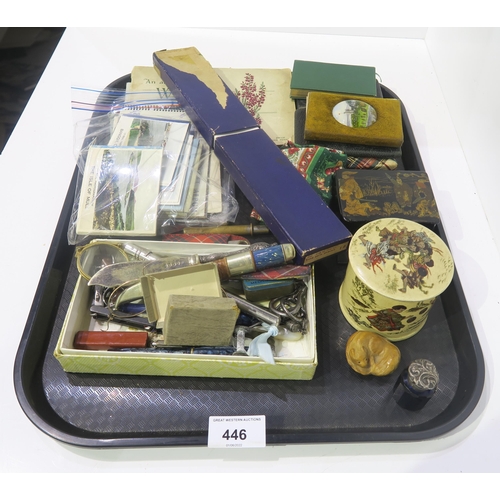 446 - A tray lot comprising a silver mounted blue glass scent bottle, propelling pencils, postcards, pen k... 