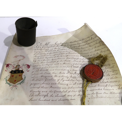 456 - Court of Lyon ensign armorial bearings deed certificates pertaining to Glasgow merchant John Barnes,... 