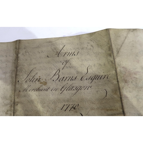 456 - Court of Lyon ensign armorial bearings deed certificates pertaining to Glasgow merchant John Barnes,... 