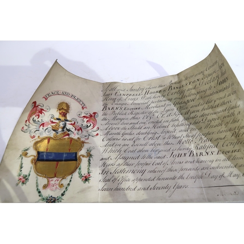 456 - Court of Lyon ensign armorial bearings deed certificates pertaining to Glasgow merchant John Barnes,... 