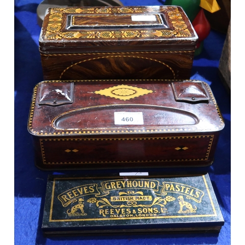 460 - Two toffee tin ink stands, each with hinged lid and set with recessed wells, two blotters and Reeves... 