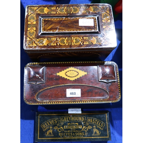 460 - Two toffee tin ink stands, each with hinged lid and set with recessed wells, two blotters and Reeves... 