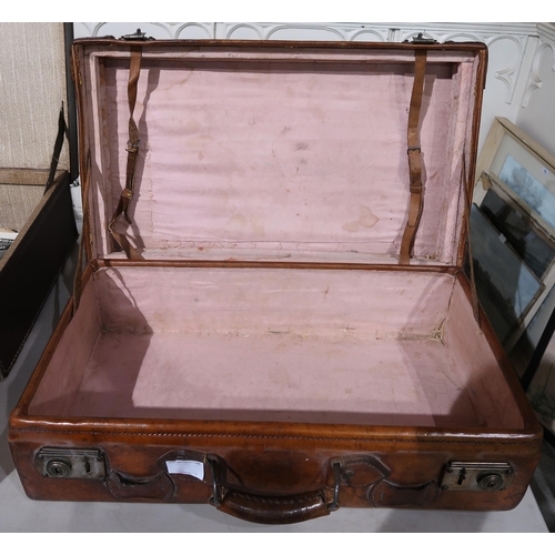 463 - A Chinese leather suitcase, and two WWI brass trench art shells engraved with France and Belgium 191... 