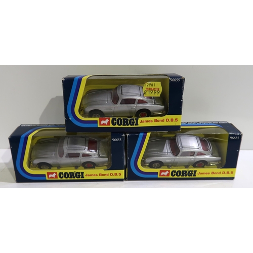 467 - A lot of three Corgi James Bond D.B.5 Aston Martin cars, model 96655