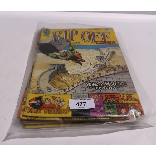 477 - A lot of Rip Off comics featuring underground comic favourites Fat Freddy's Cat, Dealer McDope, Mom ... 