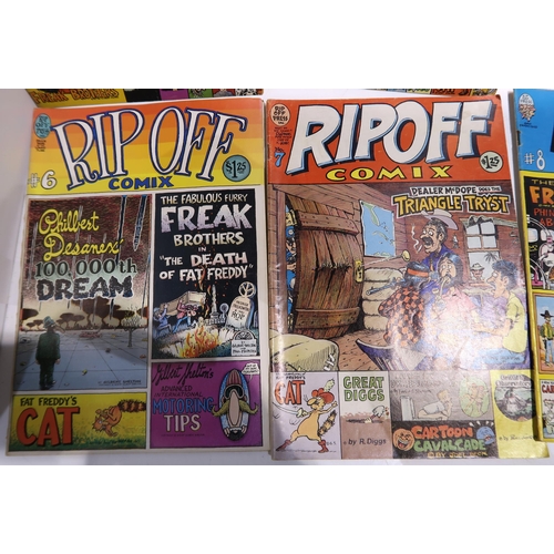 477 - A lot of Rip Off comics featuring underground comic favourites Fat Freddy's Cat, Dealer McDope, Mom ... 