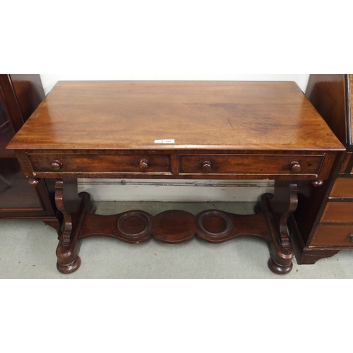 104 - A Victorian mahogany two drawer console table on stretchered base, 76cm high x 114cm wide x 56cm dee... 