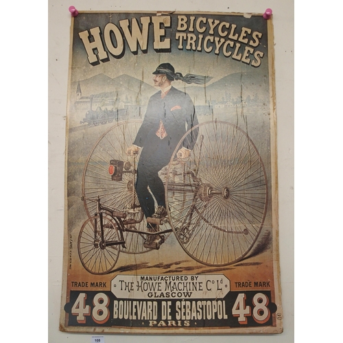 108 - A 20th century Howe bicycles tricycles poster, 93cm high x 62cm wide