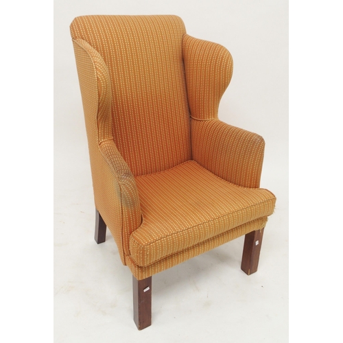 113 - A mahogany framed wingback armchair, beech framed armchair and a pine circular top table (3)