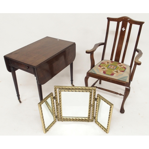 122 - A mahogany framed bergere armchair, tapestry seated armchair, Pembroke table, triple plate dressing ... 