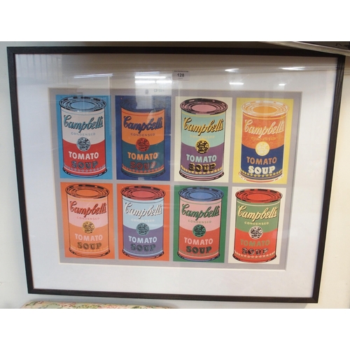 128 - A modern after Andy Warhol print depicting Campbells condensed tomato soup, 63cm high x 78cm wide