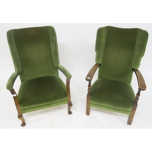 148 - A lot of two green upholstered wingback armchairs, mahogany occasional table and a child's chair (4)