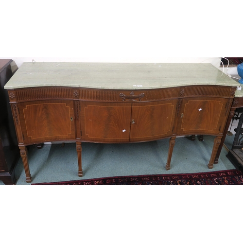 42 - A 20th century mahogany dining suite consisting marble topped serpentine front sideboard, marble top... 