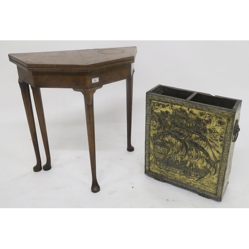 72 - An Edwardian walnut fold over table and a brass umbrella stand (2)