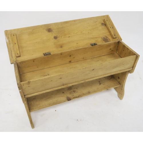 82 - A 20th century pine glazed corner cabinet and a pine hinged top stool (2)