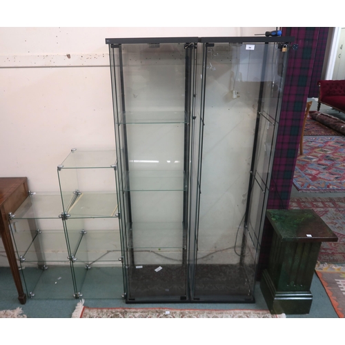 94 - A pair of modern glazed display cabinets (one lacking shelves), glazed display shelves and a painted... 